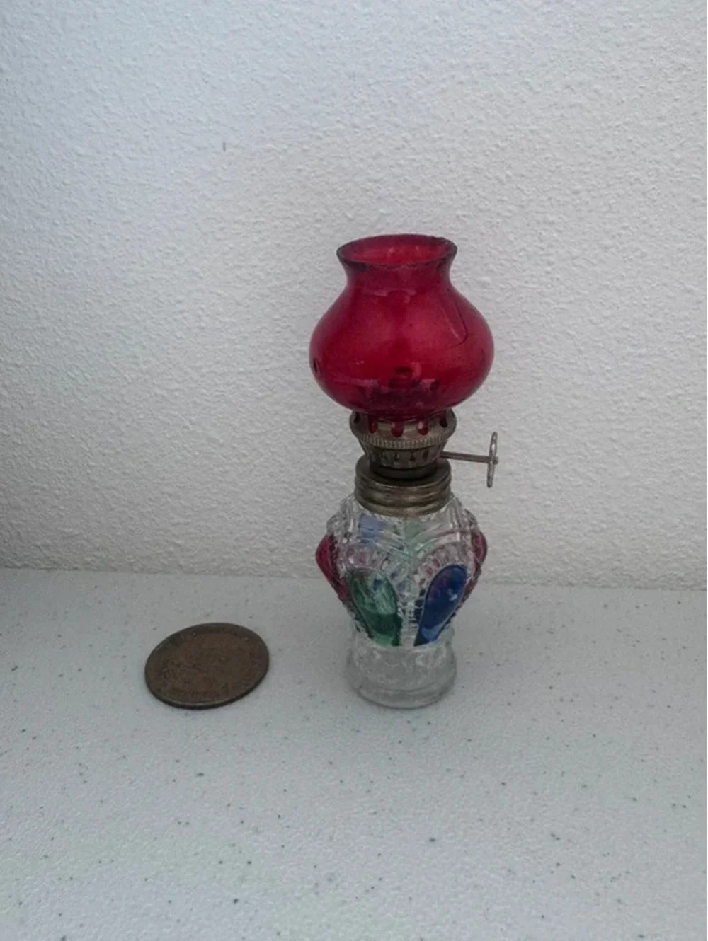 Mini Oil Lamp, Red Shade With Multi Color Base
